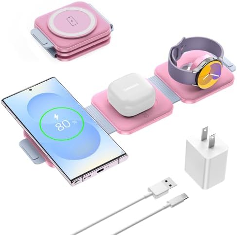 Ultimate Travel Charger for Samsung Devices – 3-in-1 Wireless Charging Station with Foldable Design for Fast Charging Galaxy S Series, Galaxy Watch & Galaxy Buds – Enhanced Portability and Intelligent Safety Features