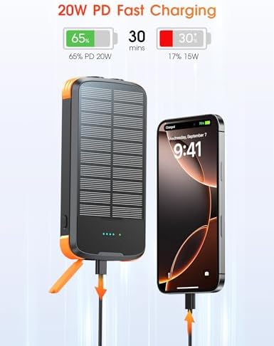 Ultimate 40000 m Ah Solar Power Bank with PD 20 W Fast Charging and Built-in Cables – Waterproof Portable Charger with Dual Bright Flashlights for Camping, Hiking, and Outdoor Adventures – Stay Connected Anywhere