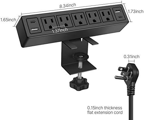 40 W Fast Charging Desk Clamp Power Strip with 4 PD20 W USB Ports and 5 Outlets – 1200 J Surge Protector for Enhanced Device Safety – Perfect for Home Offices, Workshops, and Gaming Stations – Durable Design for Easy Attachment to 1.65” Thick Tabletops