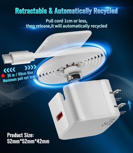 Rapid Charge 35 W Retractable Wall Charger with Built-In Cables – Cutting-Edge Gallium Nitride Technology for Swift Power Delivery to i Phone 14/13/12/11 Pro MAX/XR/XS/8/7 & i Pad – Compact & Travel-Friendly Design for Seamless Charging at Home, Office, or On-the-Go – Tangle-Free Convenience