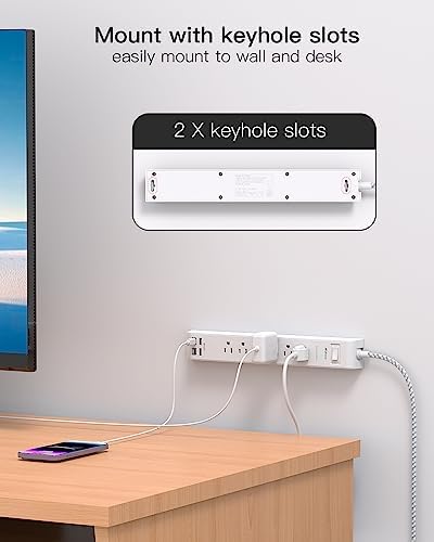 Maximize Your Power Access with 2 Pack 10 ft Surge Protector Power Strip – 6 Outlets & 4 Fast USB Charging Ports, Space-Saving Flat Plug Design, Overload Safety Features, Wall Mount Capability for Home, Office & Dorm Essentials