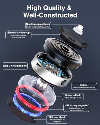 Electric Magnetic Car Phone Holder, 360 Rotation Vacuum Suction Cellphone Mount Foldable Car Mount Stand for iPhone12-16,Mirror/Glass/Screen/Smooth Surface (Not Charge Phone) – Enhanced Compatibility and Speed