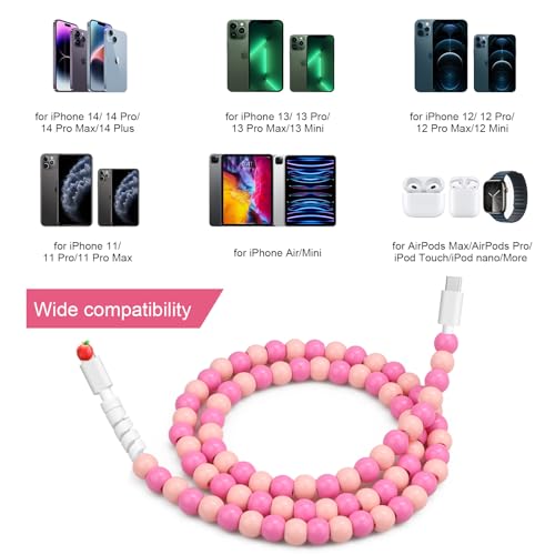 Coolden 66 W Fast Charging Cable for i Phone & i Pad – 2 M Stylish Pink USB-C to Lightning Beaded Charger – Durable, Efficient, and Compatible with i Phone 14/13/12/11 Pro Max, XR, XS, i Pad Pro/Air/Mini – Perfect for Everyday Use and Travel