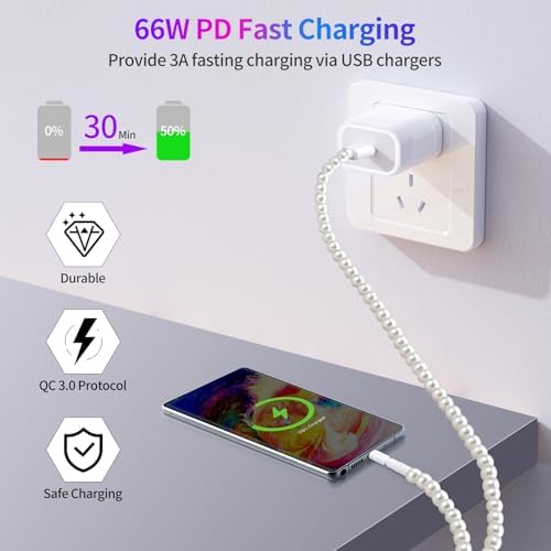 Aolcev USB C Cable 66W Fast USB A to USB C Charging Cable Long 6.6FT/2M Cute Beaded USB Type C Charger Cord Pearl Phone Charger for iPhone 16 Pro 15 Pro Max/Pro/Plus Galaxy S25/S24 iPad White – Enhanced Compatibility and Speed
