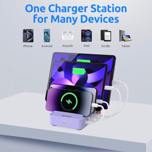 Purple 4-Port Fast Charging Station – Multi-Device USB Organizer Dock for i Phones, i Pads, Kindle Tablets, and More – Efficient Power Management with Enhanced Safety Features and Sleek Design for Home and Office Use