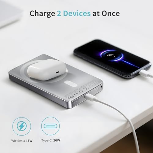 Ultra-Slim Magnetic Wireless Power Bank for i Phone 16/15/14 Series – 5000 m Ah Portable Charger with 20 W PD Fast Charging, Strong Magnet Attachment, Dual Charging Modes & Safety Features, Perfect Travel Companion for On-the-Go Power