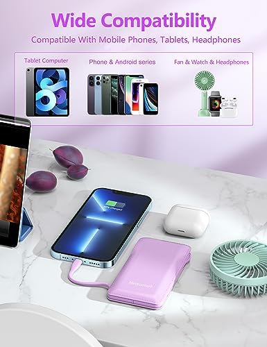 Ultra-Slim 10000 m Ah Portable Charger with Integrated Dual Cables – Fast Charging Power Bank for Android & i OS Devices – Compact Travel Essential with USB-C In/Out for Ultimate Convenience and Enhanced Compatibility