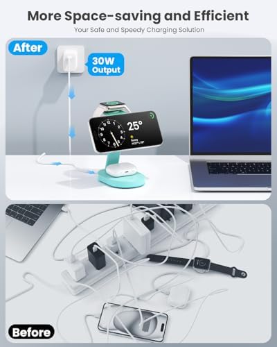 Ultimate 3-in-1 Wireless Charging Station for i Phone, Apple Watch, and Air Pods – Qi2 Certified 15 W Magnetic Charger with 30 W USB-C Adapter & Integrated Night Light – Streamlined Design for i Phone 16/15/14/13/12 – Superior Speed and Enhanced Compatibility for Modern Tech Users