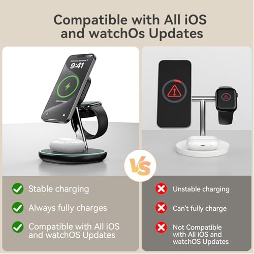 Ultimate 3-in-1 Wireless Charging Station: 15 W Fast Charger for i Phone 16/15/14/13/12, Apple Watch & Air Pods – Adjustable Viewing Stand with Sleep-Friendly Light for Enhanced User Experience (Black) – Rapid, Safe Power Delivery with Multi-Protection Features