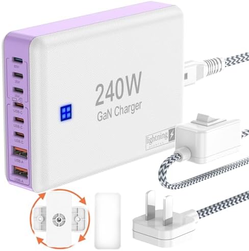 240 W High-Speed 8-Port Charging Station – Multi-Device USB Hub for i Phone, i Pad & Mac Book with 6 USB-C PD Ports, 2 USB-A Ports, 5 ft Braided Cord, On/Off Switch, Flat Plug Design for Travel Convenience and Optimal Space Management – Ultimate Charging Solution for Tech Enthusiasts