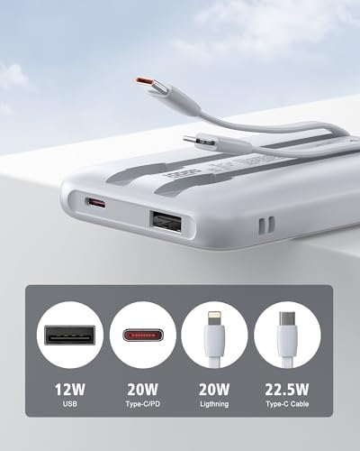 10000 m Ah Portable Power Bank with Built-in Cable – 22.5 W PD Fast Charging, Compact & Lightweight Charger for Apple, Samsung, Google, Motorola – Sleek Grey Design for On-the-Go Convenience and Enhanced Compatibility