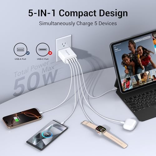 50 W Multiport USB Wall Charger Block – Dual Pack 5-Port Fast Charging Adapter with QC 3.0 Technology for i Phone 16/15/14 Pro Max, i Pad, Galaxy, Android – Compact & Safe Power Solution for Multi-Device Convenience