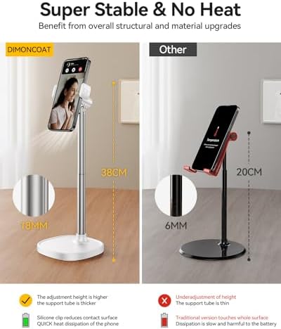 DIMONCOAT Adjustable Aluminum Alloy Cell Phone Stand – White, Universal Compatibility with 4-7 inch Devices, 180° Flip & 360° Rotation – Enhanced Compatibility and Speed