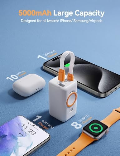 Revolutionary 3-in-1 Magnetic Power Bank: 18 W Fast Wireless Charger for Apple Watch, i Phone & Samsung – 5000 m Ah Portable Charger with Integrated Cable in Elegant White for Ultimate On-the-Go Energy Solution and Seamless Device Compatibility