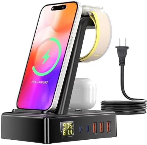 Ultimate 8-in-1 Wireless Charging Hub – 100 W Multi-Device USB Charger with PD 30 W & QC 3.0 Fast Charging, Digital Display, Compatible with i Phone, i Watch, Air Pods Pro, Smartphones, Tablets, Headphones & Game Controllers – Compact & Efficient Power Solution in Sleek Black for Home or Office Use