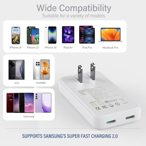 Compact 45 W Dual USB-C Wall Charger with Ga N Technology – Super Fast Charging Adapter for Laptops, Smartphones, and Tablets – Ideal Travel Companion with Folding Plug Design – Enhanced Power Delivery 3.0 for Samsung Galaxy and More – Lightweight and Efficient Charging Solution