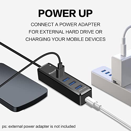 Smart Q H302 USB 3.0 Hub – 4-Port Connectivity Solution with Long Cable Options for Seamless Data Transfer up to 5 Gbps, Micro-B Charging for All Devices, Includes USB C Adapter – Boost Your Productivity & Versatile Workspace Efficiency