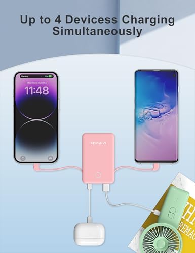 Ultra Slim 6000 m Ah Power Bank with Built-In USB C Cords – Card-Sized Portable Charger for Effortless On-the-Go Charging, Triple Output for i Phone, Samsung, Google Devices – Stylish and Compact Battery Pack for Enhanced Efficiency and Versatility