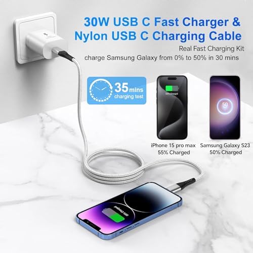 Dayaoncy 30 W USB-C Fast Charger for i Phone 15 Pro Max & Samsung Devices – 10 FT Durable Nylon Charging Cable Included, Ultra-Fast Power Boost with Advanced Safety Features, Compact Wall Adapter for On-the-Go Convenience, Perfect for Modern Lifestyles