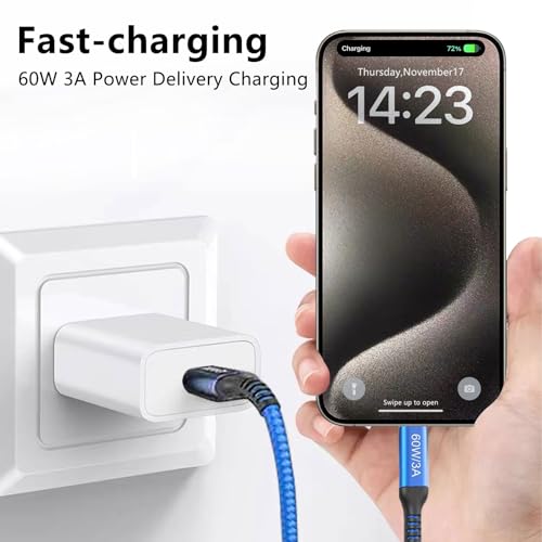 Awnuwuy 60 W USB C to USB C Charger Cable 15 ft – Fast Charging & Data Transfer for i Phone 15, Samsung Galaxy S23, Pixel 7, Mac Book – 2 Pack of Durable, High-Performance Type-C Cords for Ultimate Versatility and Connectivity