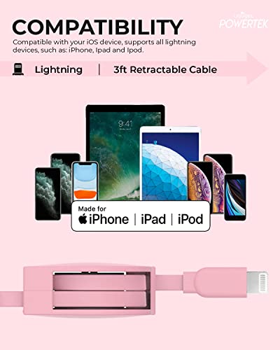LIQUIPEL Powertek Retractable Lightning Charger – MFi Certified 3 ft Fast Charging Cable for i Phone & i Pad – Tangle-Free Portable Design in Stylish Pink for Effortless Power Solutions