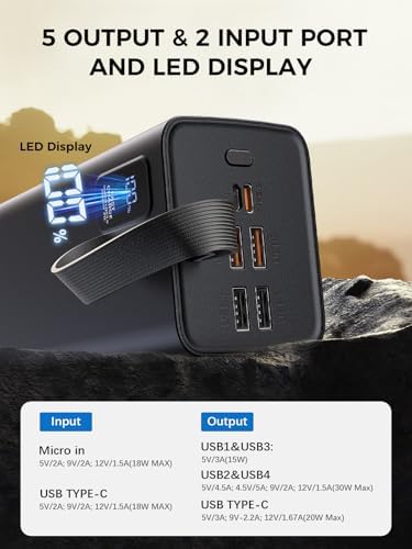Ultimate 80000 m Ah Power Bank – Fast Charging Portable Charger with 30 W PD & QC 3.0, 5 Outputs & 2 Inputs, Ideal for Outdoor Adventures, Travel & Office Use – LED Display for Real-Time Battery Monitoring and Enhanced Device Compatibility