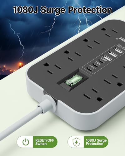 Heavy-Duty Appliance Power Strip with 14-Gauge Extension Cord – 24-Inch Multi-Outlet Surge Protector Featuring 8 AC Outlets & 6 USB Ports (4.8 A) for Fast Charging – 1080 J Protection for High-Wattage Devices in Kitchen, Garage & Workshop