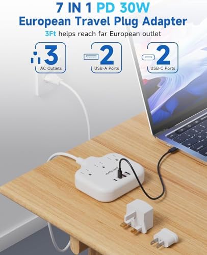 Ultimate Universal Travel Plug Adapter with PD30 W Fast Charging Hub – 3 Multi-Port Connectivity for International Travel, Featuring Dual USB-C & USB-A Outputs, 3 ft Extension Cord for Effortless Power in EU, US, UK, France & Spain – Perfect Solution for Global Adventurers Seeking Reliable Charging Options