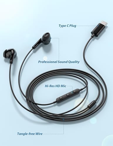 Ultra-Light USB C Wired Earbuds for i Phone 16 Pro Max & i Pad Pro – Premium High-Resolution Audio Headphones for Samsung Galaxy S25, S24, S23 & Google Pixel 9 Pro – Comfort-Focused Design with Crystal-Clear HD Microphone for Premium Calling & Immersive Sound Experience