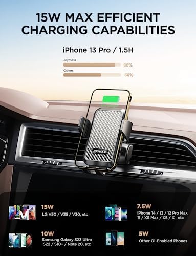 Effortless On-the-Go Power: JOYMASS 15 W Fast Wireless Car Charger with Auto Clamping Mount – Perfect for i Phone 15 through 12 Mini, Samsung Galaxy S23 Ultra, and Note 20 – Secure Vent Holder for Ultimate Convenience and Hands-Free Navigation