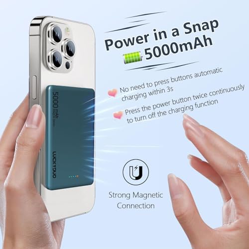 LUCKYDUO Ultra Slim Magnetic Power Bank – 5,000 m Ah Wireless Charger with 20 W Fast Charging for i Phone 16/15/14/13 Series – Compact & Portable Battery Pack for On-the-Go Convenience – USB-C Compatible, Effortless Charging Solution