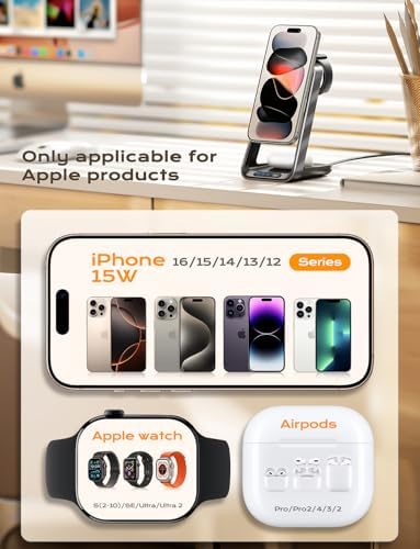 Revolutionize Your Charging Game with Our 3-in-1 Wireless Charging Station Featuring Cooling Fan – Mag Safe-Compatible Dock for i Phone 12-16, Apple Watch Series 10/Ultra/2, and Air Pods 4/3/Pro 2 – Sleek Multi-Device Solution for Home and Office Efficiency