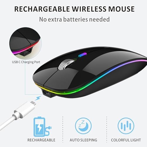 Uiosmuph G12 Slim Rechargeable LED Wireless Silent Mouse – Ultra-Portable USB Optical Computer Accessory with Type C Adapter for Seamless Compatibility and Noise-Free Operation in Blackish Green