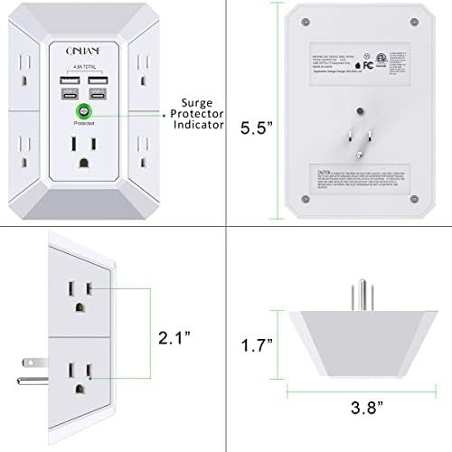 QINLIANF 5-Outlet USB Wall Charger with Surge Protection – 4 USB Ports (4.8 A Total) Power Strip Extender, 3-Sided Design for Easy Access, 1680 J Surge Defense, Compact Multi-Plug Adapter for Home, Travel, and Office Use – Elevate Your Charging Experience with Versatile Compatibility and Safety