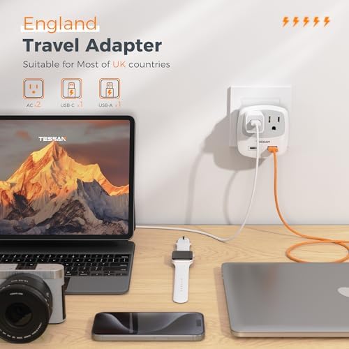 Ultimate TESSAN Type G UK Travel Plug Adapter with Dual USB Fast Charger Ports – Compact US to UK Power Converter for Effortless Global Connectivity in Scotland, London, Ireland, Kenya, Dubai & Qatar