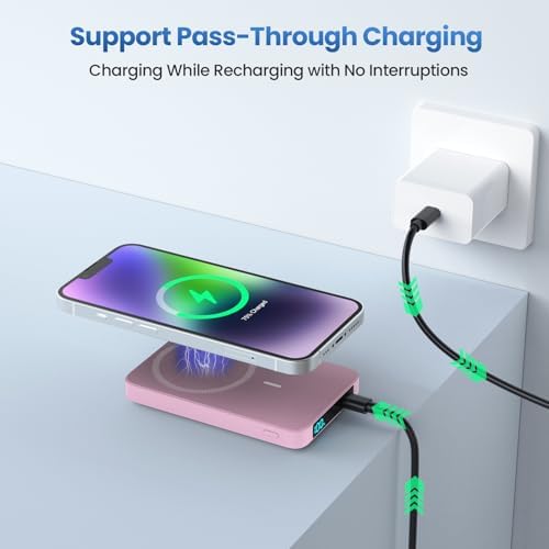 Ultra-Slim Magnetic Portable Charger 10800 m Ah Power Bank with LCD Display – Fast 20 W PD USB-C Input/Output, Wireless Charging for Mag Safe-Compatible i Phones Including 16/15/14/13 Series – Lightweight Travel Essential for On-the-Go Power