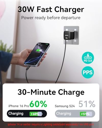 Revolutionary 30 W USB-C Charger Block with Dual Ports – Fast Charging Solution Featuring Retractable Cable & Foldable Plug for Ultimate Portability – Ideal Travel Companion for i Phone 16 Pro Max, Pixel 9 Pro, Galaxy, i Pad & Mac Book – Enhanced PD/PPS Compatibility for Rapid Power Delivery