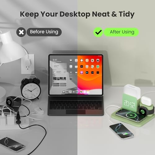 Multifunctional 7-in-1 Wireless Charging Station with Dual Alarm Clock – Seamlessly Compatible Dock for i Phone 16/15/14/13/12/11/Pro/Max, Samsung Phones, Apple Watch 9/8/7/6/5/SE, and Air Pods – Fast Charging, Night Light, and Safety Features for Ultimate Convenience and Style