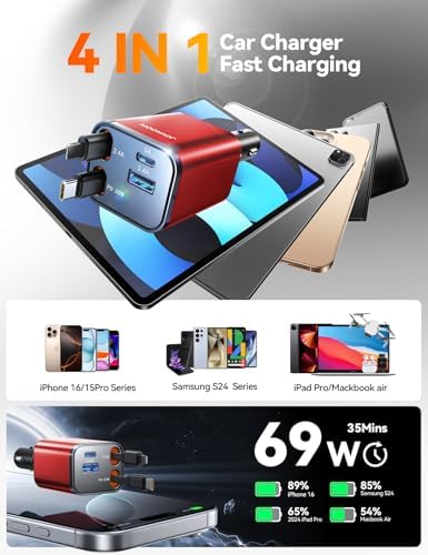 JOYROOM Ultra-Compact 84 W Retractable Car Charger – Fast USB-C Charging for i Phone 12-16 | Travel Essential Car Adapter for Quick Device Power-Up | Sleek Design, Tangle-Free Cable, Perfect Gift for Men & Women