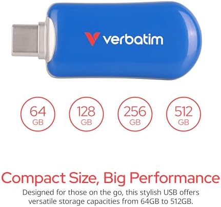 Unlock Ultimate Data Storage with Verbatim 256 GB USB-C Flash Drive – High-Speed USB 3.2 Gen 1 for Seamless File Transfers – Sleek and Portable Blue Thumb Drive for Students and Professionals