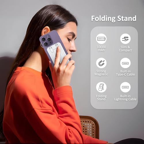 Gladgogo 10000 m Ah Wireless Magnetic Power Bank – Slim, Fast Charging Portable Charger for i Phone 15/14/13/12 Series with Built-In Cable, LED Display, and Integrated Stand – Ultimate On-The-Go Power Solution in Elegant White