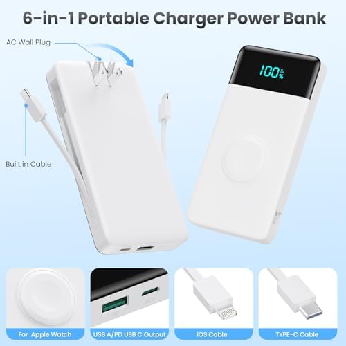 Ultra-Compact 6-in-1 10800 m Ah Power Bank with Built-In Cables & AC Plug – Fast Charging for i Phone, Android, and Apple Watch – LCD Display for Easy Power Monitoring – Lightweight, Travel-Friendly Battery Pack for Multi-Device Charging – Perfect for i Phone 16/15/14 Series, Samsung Galaxy, and More – Enjoy Unmatched Versatility and Convenience on the Go