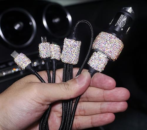 Chic Rhinestone Dual USB Car Charger & 3-in-1 Braided Charging Cable Set – Stylish Bling Accessories for Fast Charging & Enhanced Compatibility – Perfect for Women’s Vehicles in Silver