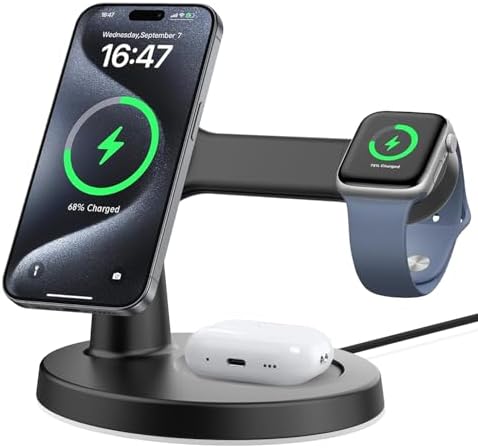 Ultimate 3-in-1 Magnetic Charging Station for Apple Devices – Fast Charging Dock for i Phone 16 15 14 13 12 and Air Pods with Sleek Design and Effortless Magnetic Alignment for Enhanced Power Management and Space Efficiency