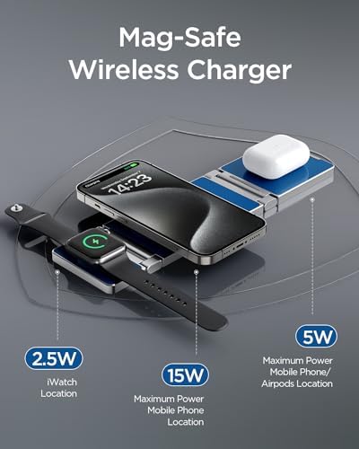 Hohosb Foldable 3-in-1 Magnetic Wireless Charger Station – Premium Zinc Alloy Design for i Phone 15/14/13/12, Air Pods Pro/3/2, and Apple Watch – Mag Safe Compatible, Fast Charging, and Travel-Friendly Solution for All Your Devices (Blue)