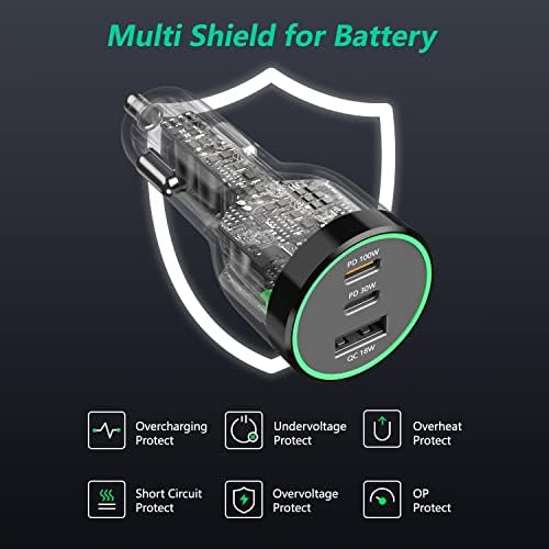 High-Power 200 W USB C Car Charger – Multi-Port PD3.0 QC4.0 Adapter with Dual 100 W Cables for Fast Charging on the Go – Universal Compatibility for Dell XPS, Mac Book, i Phone 16/15/14, Galaxy S24 Ultra & i Pad Pro – Efficient Travel Companion for Modern Devices