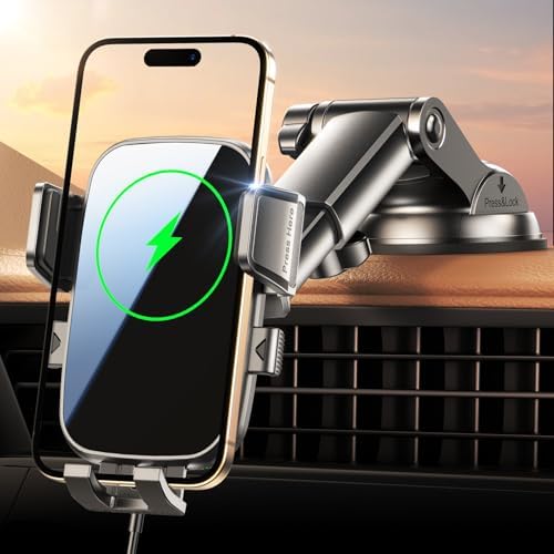 Fast Charge Wireless Car Phone Mount – 15 W High-Speed Charger with Enhanced Suction for Dashboard & Windshield – Perfect for i Phone 16/15/14 Pro Max & Galaxy S25/S24 Ultra – Ultimate Driving Convenience & Adjustable Viewing Angle