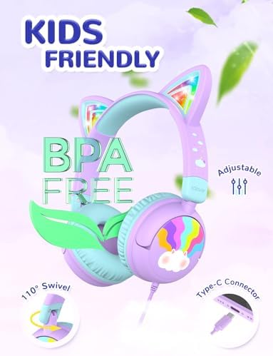 Colorful LED Cat Headphones for Kids – Safe 85 d B Volume Limit, USB-C Compatible, Perfect for Travel & Learning, Premium Stereo Sound for Tablets & i Pads, Durable & Stylish Design