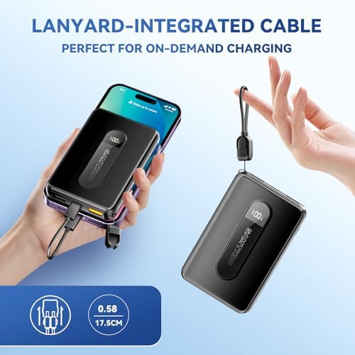 Ultimate 10,000 m Ah Portable Charger with Built-in USB-C Cable – Fast Charging Power Bank for Heated Vests, Jackets, and Outdoor Gear – Essential Battery Pack for i Phone, i Pad, and Android – Compact and Durable Design with Lanyard for On-the-Go Convenience