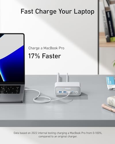Anker 525 7-in-1 Power Hub – High-Efficiency USB C Charging Station with 65 W Fast Charging, 3 AC Outlets, Dual USB A & C Ports, and 5 ft Extension Cord – Sleek Aurora White Design for Ultimate Device Versatility and Workspace Organization
